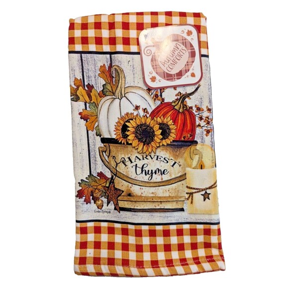 Autumn Harvest Basket Pumpkins Sunflowers Brown Kitchen Towels 2-Pc 16 x 26-in - Picture 2 of 4